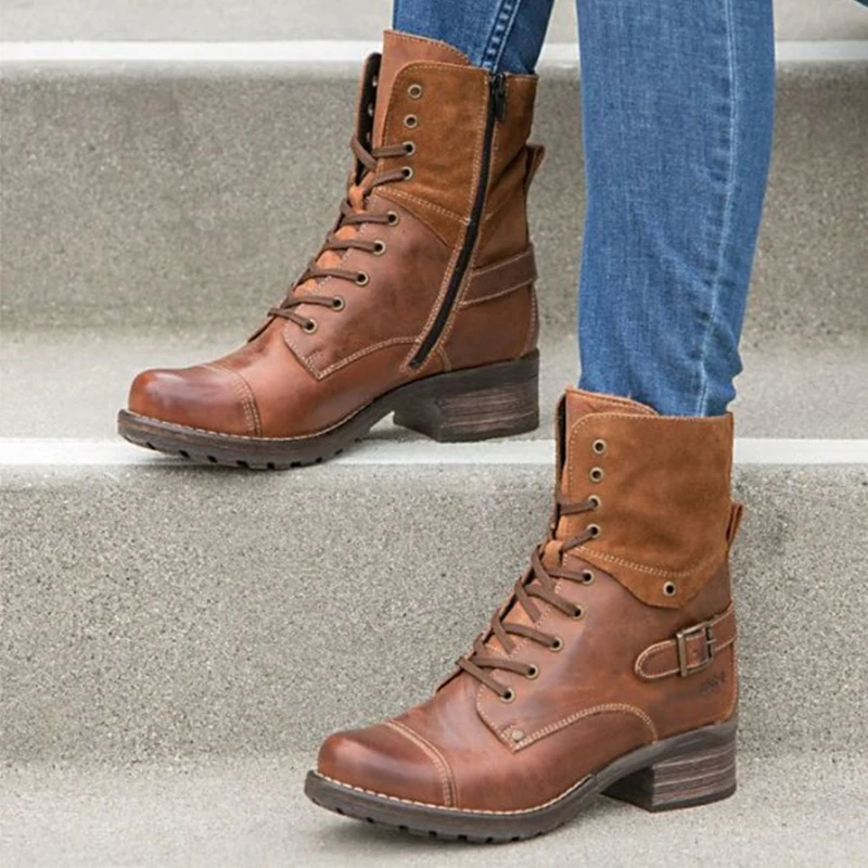 

Women's Retro Ankle Boots Winter Women Zip Cool Motorcycle Mid Heels Woman Buckle Boots Ladies Lace Up Female Shoes Plus Size 43