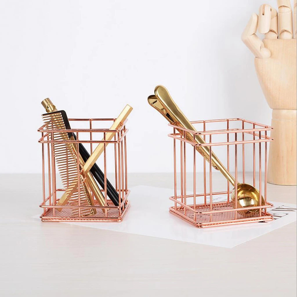 

Rose Gold Metal Table Top Storage Basket Pen Holder Organizer