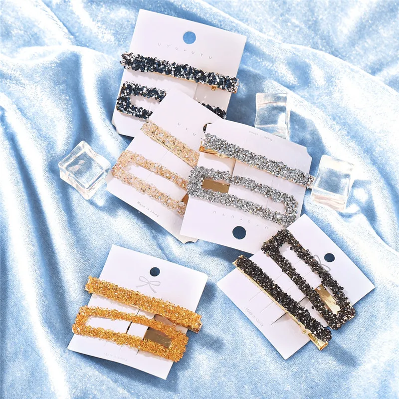 

New 2pcs/set Rectangular Korea Popular Hair Clips Fashion Woman Rhinestone Shiny Luxury Hairpins BB Clip Styling Tools