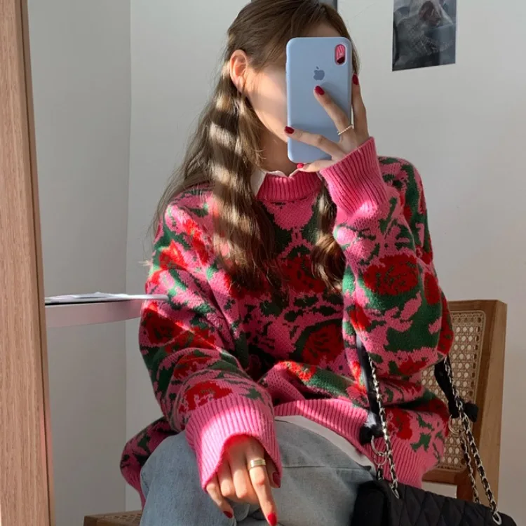 Женский трикотажный свитер с круглым вырезом цветочным принтом | Женская одежда