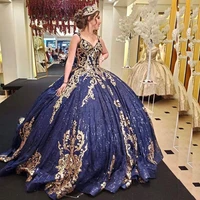 luxury princess ball gown quinceanera dresses 2021 sequined gold lace sleeveless appliques party sweet 15 open back sweep train