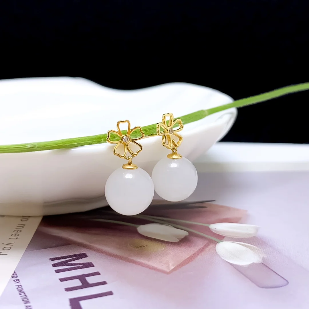 

SHILOVEM 18k yellow gold real Natural white Jasper drop earrings classic fine Jewelry women wedding gift new 10mm yze1010661hby