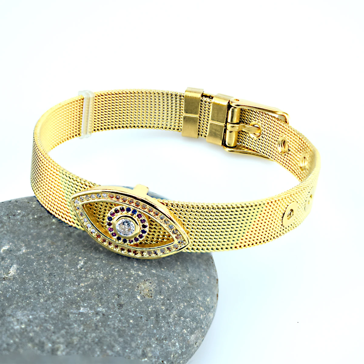 

Rainbow Cubic Zirconia Evil Eye Bracelet Gold Color Stainless Steel Mesh Bracelets Bangles for Women Trendy Jewelry