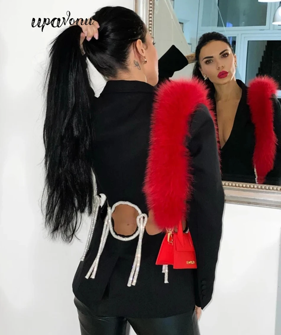 

2020 New Fashion Women OL Blazer Notched Long Sleeve Back Shiny tether Hollow Out Slim Single Button High Street Black Blazer