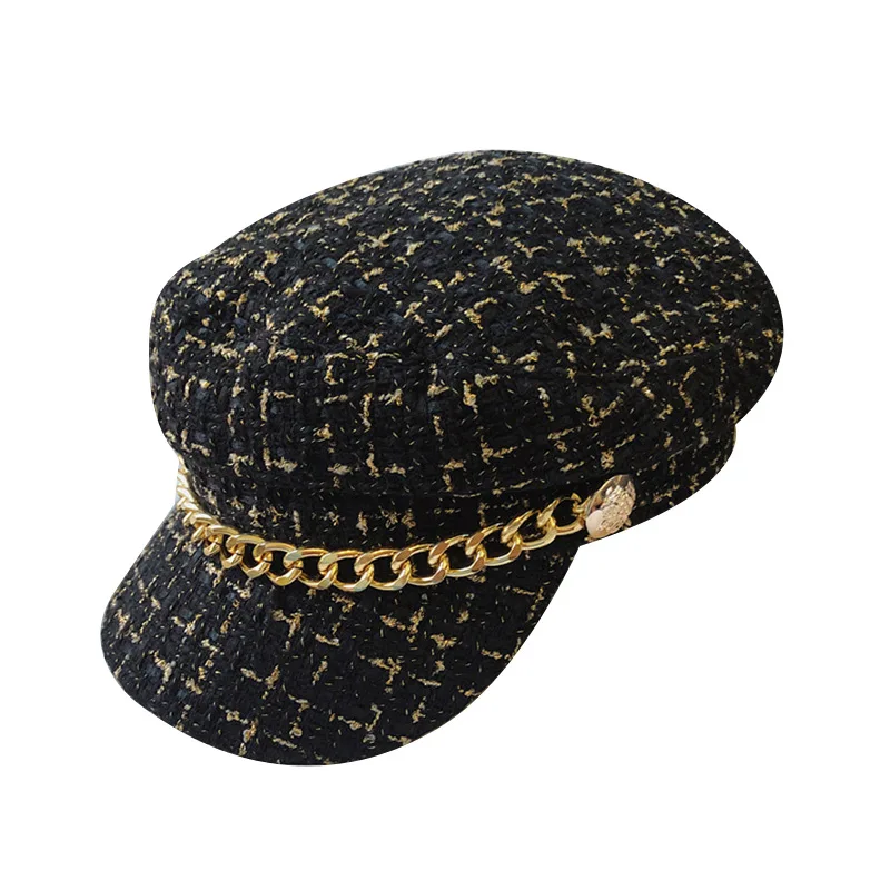 

Military Hat Autumn Winter Wool Sailor Hat for Women Black Flat Top Female Travel Cadet Hat Captain Cap Chain Beret Women Hat
