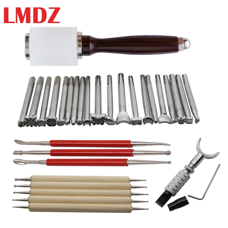 

LMDZ 30Pcs Set Leather Carving Working Saddle Set DIY Hammer Swivel Knife Leather Craft Modelling Point Pen & Dual Tipped tool