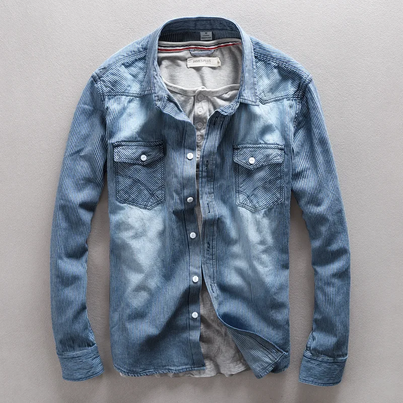 Джинсовые мужские повседневные рубашки с длинными рукавами двумя карманами из