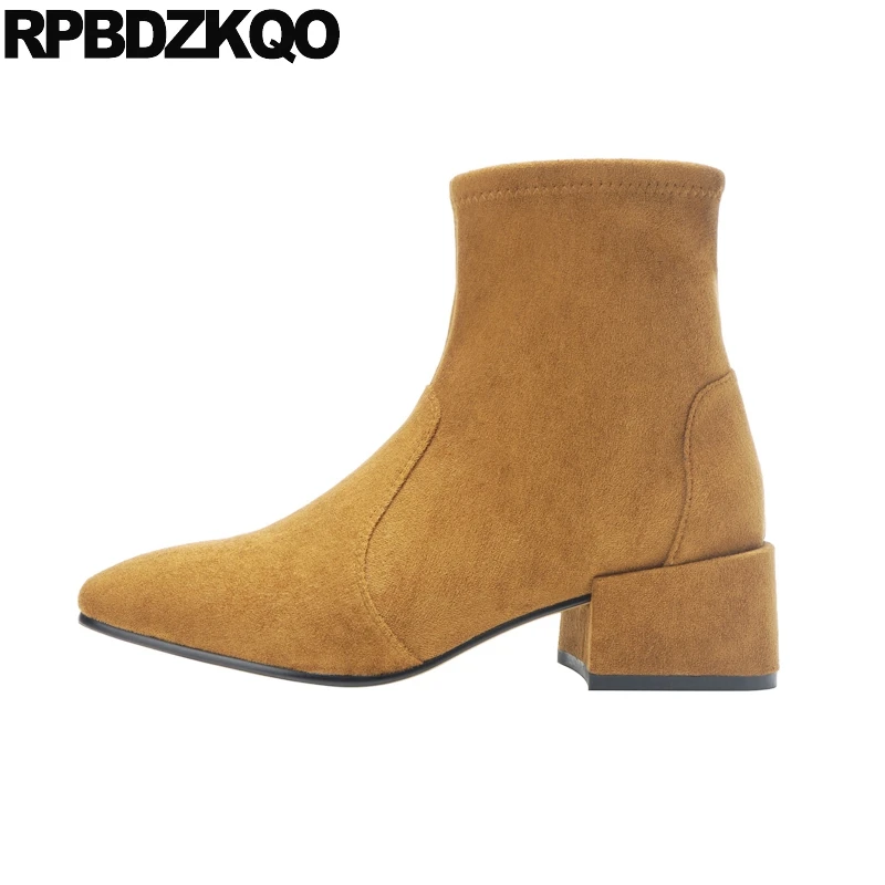 

Women Ankle Boots Medium Heel Winter Designer Slip On Suede Stretch Genuine Leather Chunky Shoes Big Brand Short Sheepskin Fall