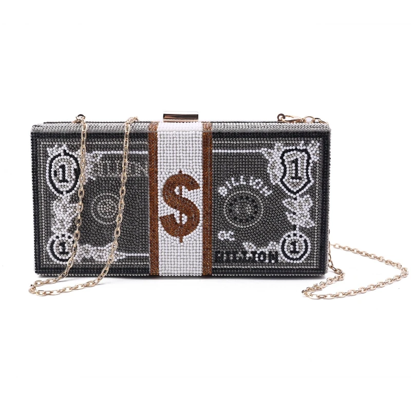 

Stack of Cash Evening Handbags with 2 Removable Chain Money Clutch Rhinestone Purse Shoulder Wedding Party Dinner Bag