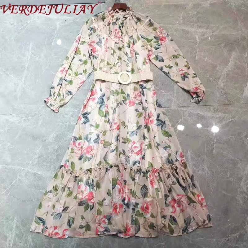 Женское платье миди с оборками модельное дизайнерское цветочным принтом поясом