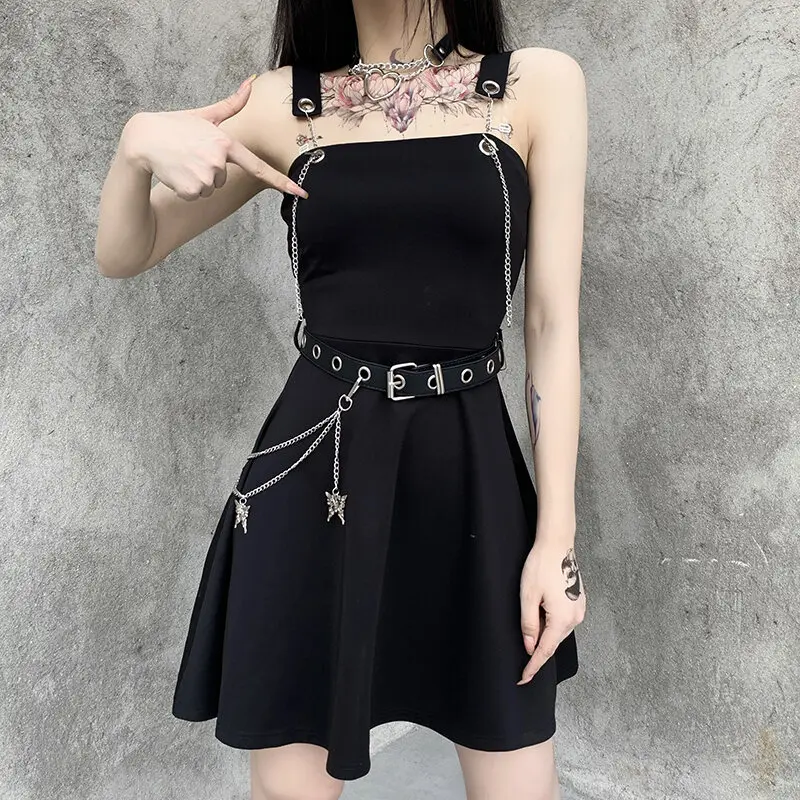 

Cozok Black Punk Mini Dress A-line Chain Patchwork Sleeveless Gothic Dress Women Harajuku Grunge Vintage Dresses With Belt