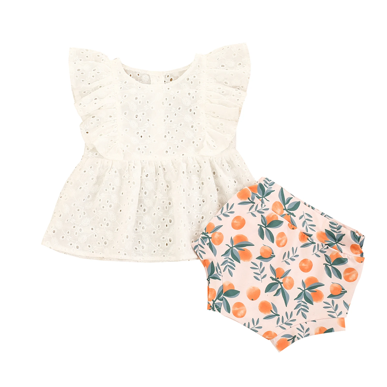 

Baby Girls Two-piece Clothes Set White Solid Color Fly Sleeves Round Collar Tops and Shorts 0-24M