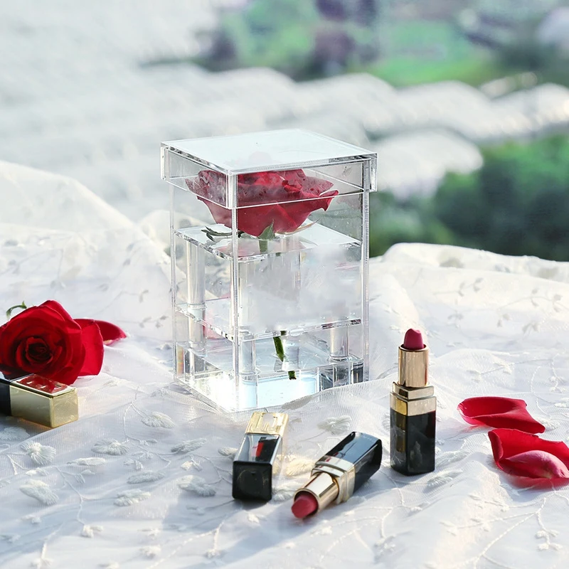 

Clear Acrylic Rose Flower Box Makeup Organizer Artificial Flower Bouquet Flower Gift Box Valentine'S Day Wedding Decor