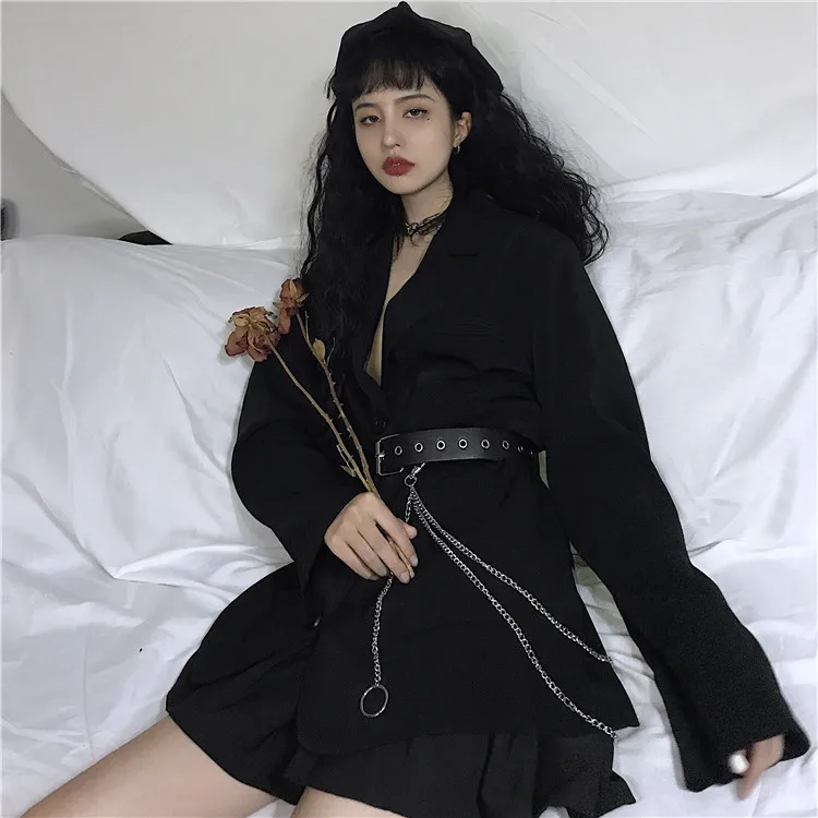 Harajuku Gothic Women Casual Jacket Autumn Long Sleeve Single-Breasted Black Coat With Chain Belt Punk Rock Topcoat Femme | Женская