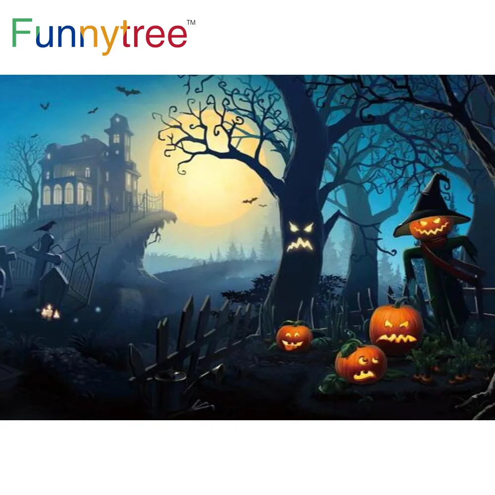 

Funnytree Halloween Decor Party Pumpkin Lantern Backdrop Ghost Horrible House Full Night Branches Bats Fence Candle Background