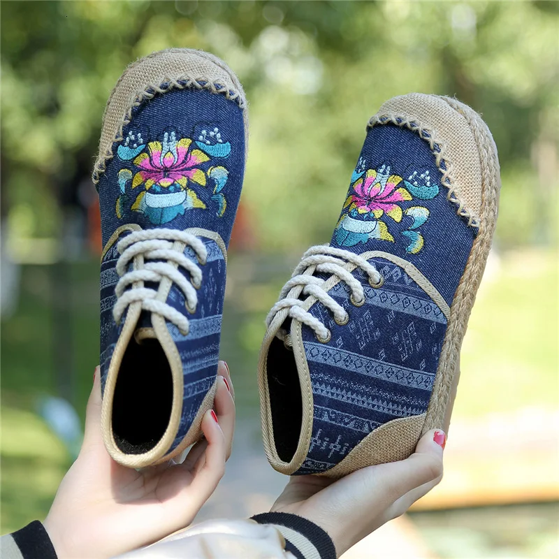 Spring Autumn Women Shoes High Top Canvas Shoes Female Flats Embroidered Footwear Ankle Boots National Style Weaving Casual Shoe