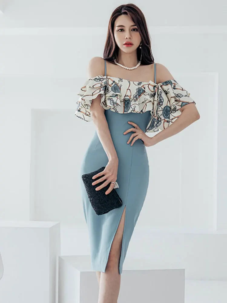 

Hot Summer For 2022 Tank Strap Designer Women Sexy Dress Ruffled Off-shoulder Package Hip Side Slit Bodycon Party Dresses 0469