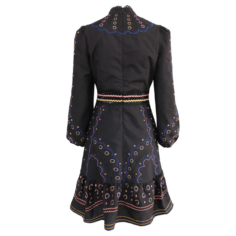 

New fashion embroidery Flower Lantern Sleeve long sleeve linen dress retro nation
