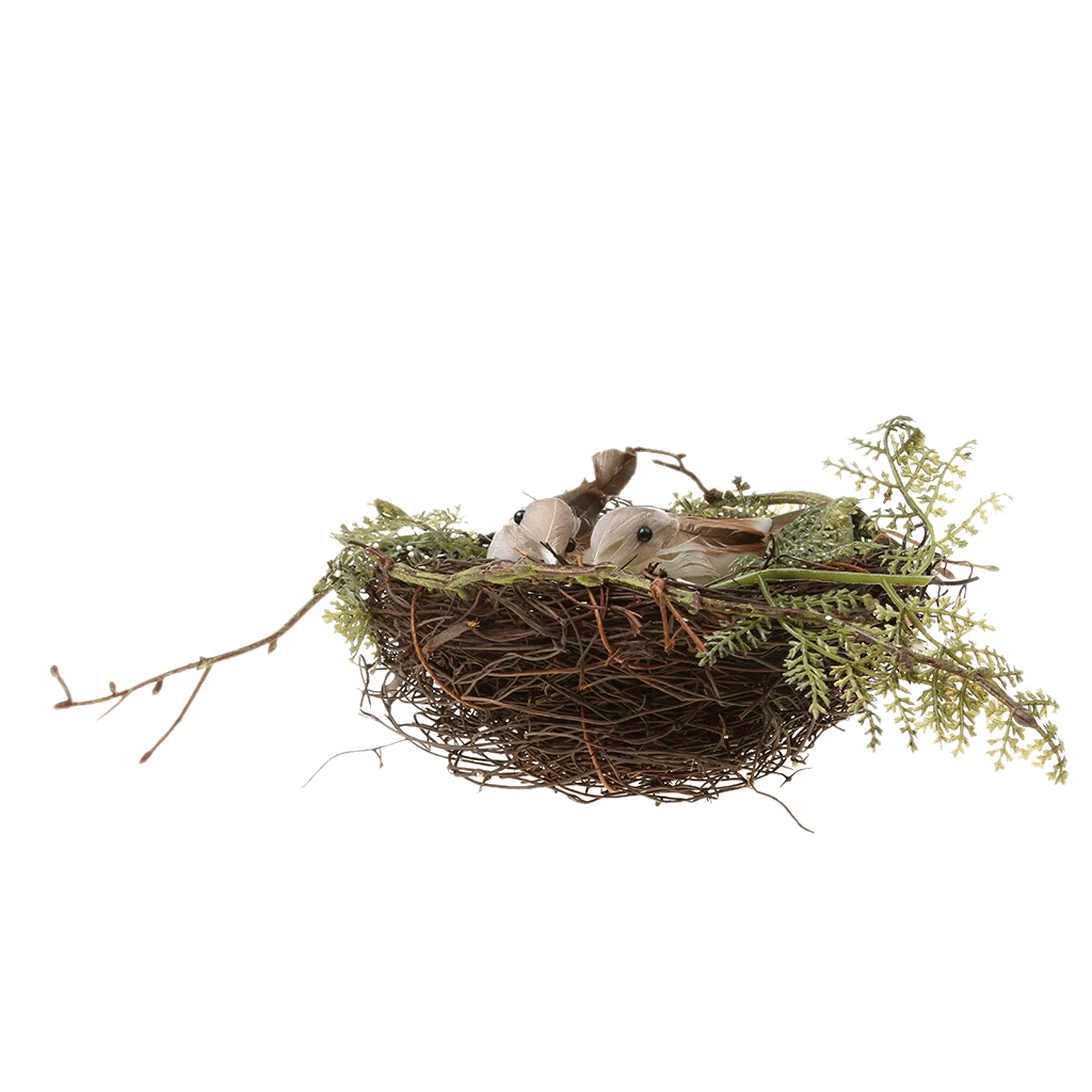

Bird Nest House +2Pieces Artificial Birds + 5Pieces Eggs Home Garden Art Decor Photos Props