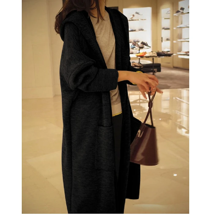 Женский трикотажный кардиган Длинный свободный свитер с капюшоном язычком в