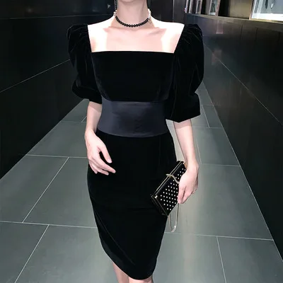 

new celebrity temperament black off shoulder velvet Lantern Sleeve waist closing square neck dress women's middle