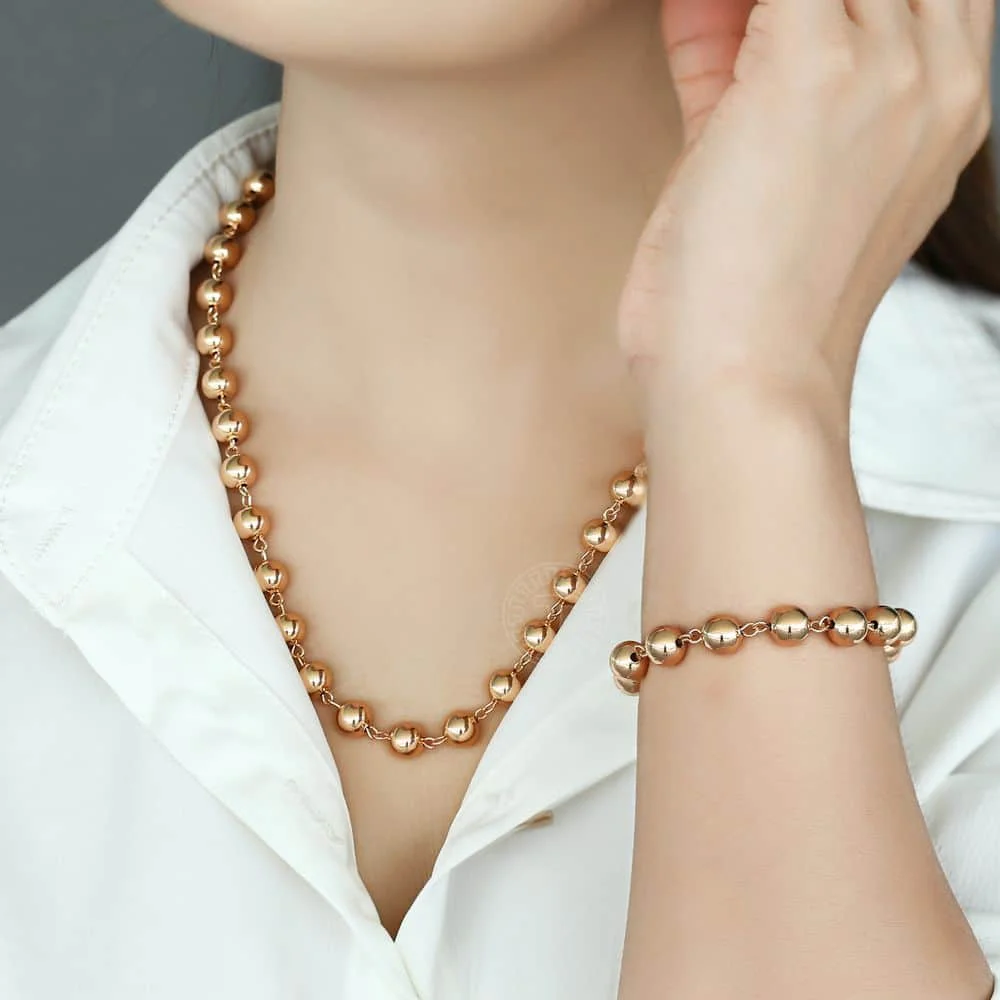 Новый ювелирный набор для женщин девушек 585 розовая цепочка с золотой бусиной ожерелье браслет набор Омаров застежка Свадебные Элегантные ювелирные изделия HCSM02