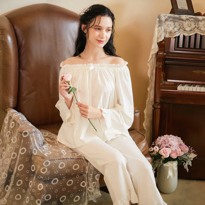 

2PCS Pajamas Suit Long Sleeve Spring Autumn New Women Homewear Cotton Intimate Lingerie White Home Clothing Casual Sleep Set