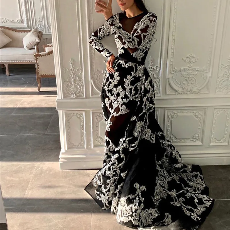 

2020 Spring Vintage Women Maxi Dress Fashion O-neck Long Sleevs Appliques A-line Party Dress