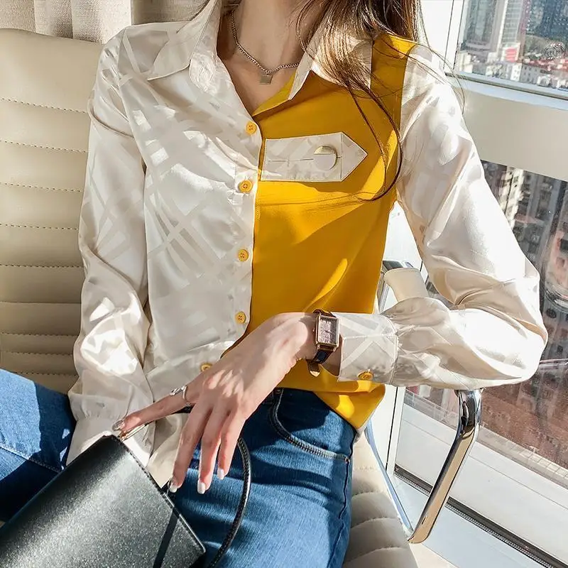 

Satin Blouse Women Office Lady Spliced Tops Patchwork Korean Fashion Clothing Shirt Long Sleeve 2021 Spring Plus Size X280