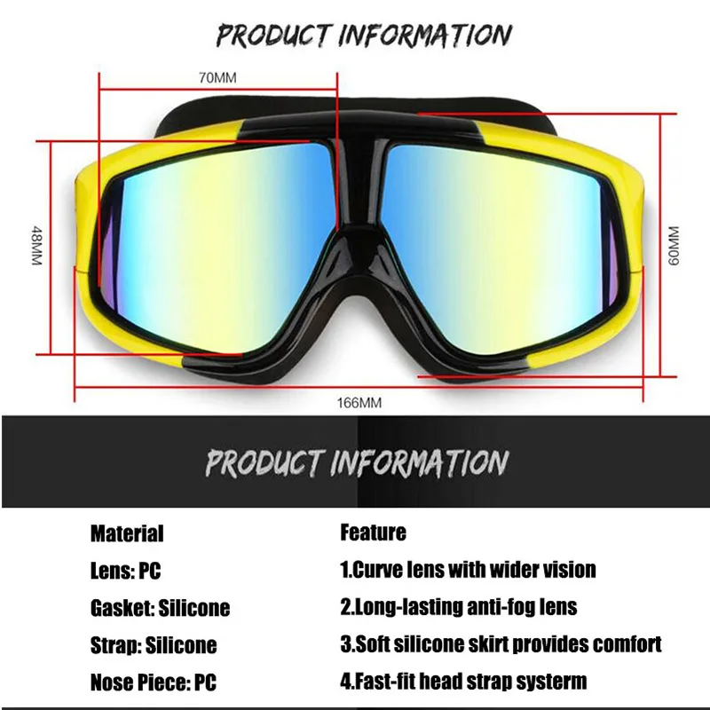 Водонепроницаемые и удобные силиконовые плавательные очки в большой оправе