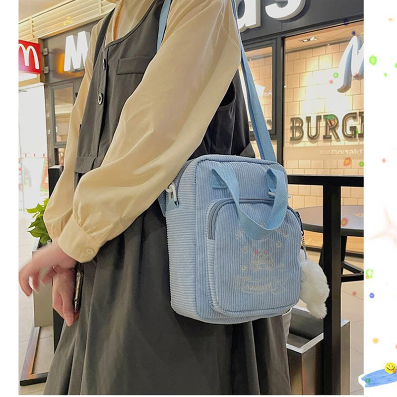 Corduroy Crossbody Bag Women Embroidery Bear Transparent Cute Messenger Bags Japanese Style Solid Casual Handbags Female WY395