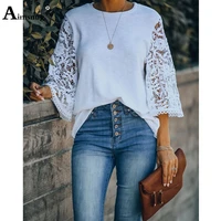 solid casual shirts plus size women three quarter sleeve lace blouse 2022 spring new basic top loose shirt blusas lady beachwear