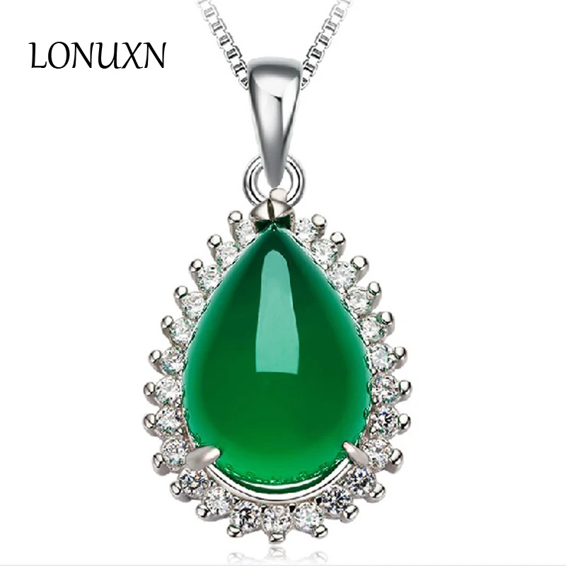 

High quality 925 Sterling Silver Necklace Pendant with water drop shape Natural stone green agate women fine jewelry cute gift