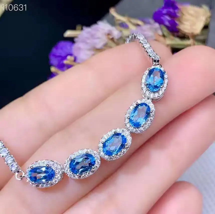 Серебряный ювелирный браслет S925 с натуральными синими драгоценными камнями |
