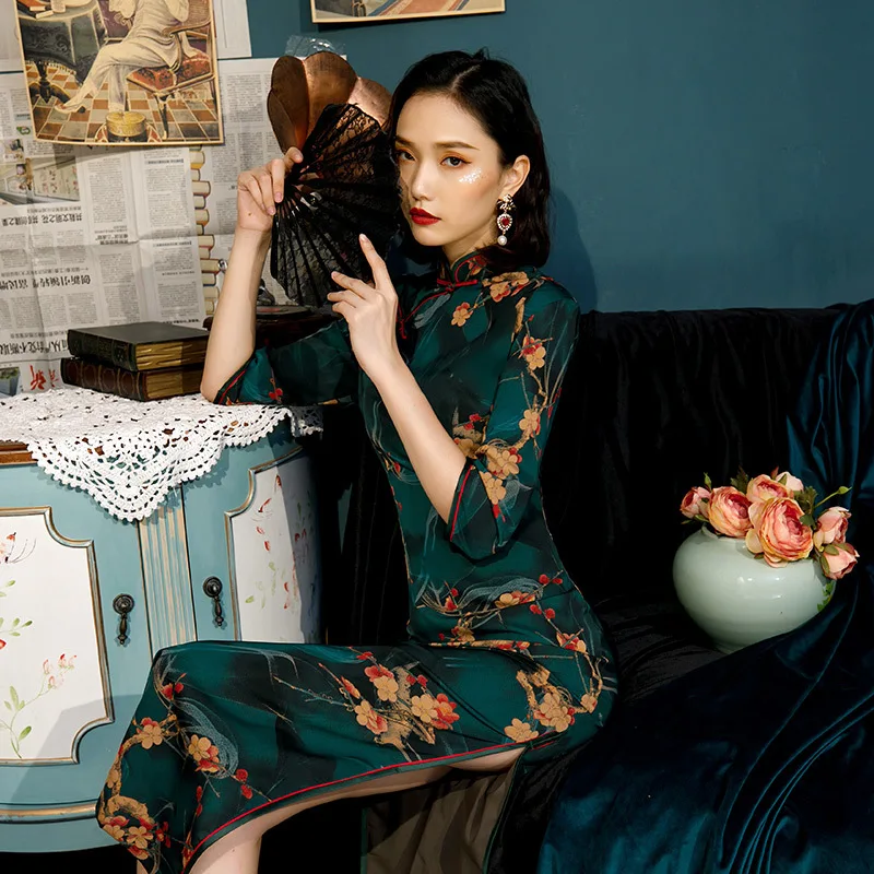 Для женщин зеленый цветочный Qipao Сексуальная Высокая Чонсам с высоким разрезом