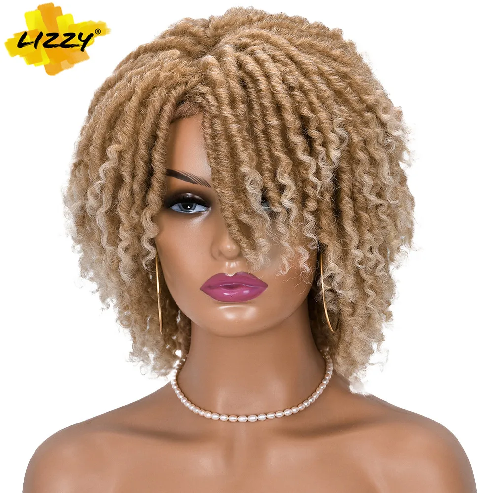 Short Hair Dreadlock Wig Curly Synthetic Soft Faux Locs Wigs With Bangs For Black Women Ombre Crochet Twist Braiding Hair Lizzy