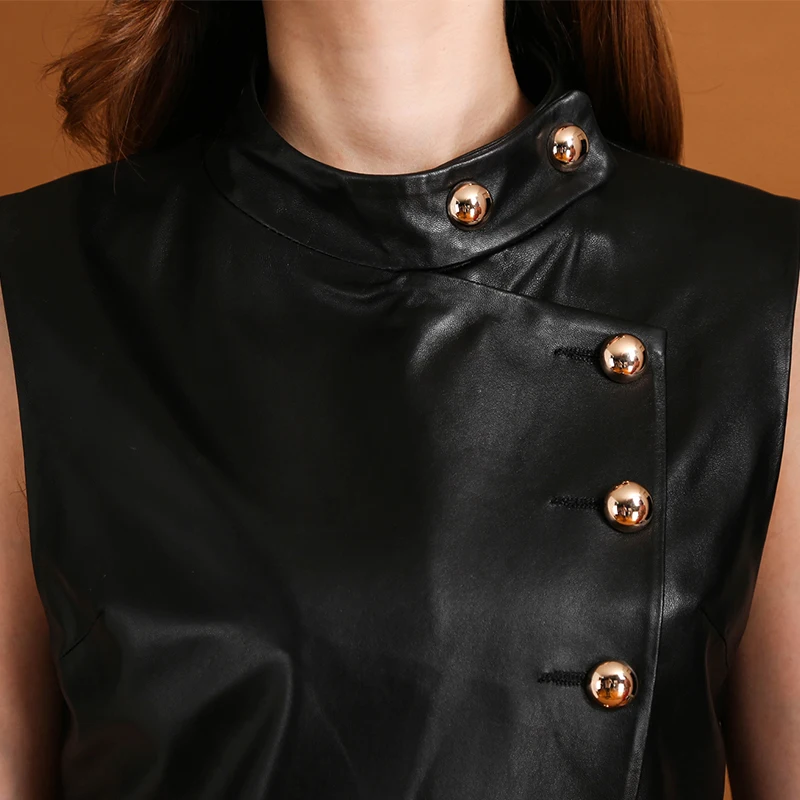 

Women 2021 New Punk Pleated Mini Dress Female Stand Collar Buttons Genuine Leather Sleeveless Vestidos Motorycle Biker Sundress