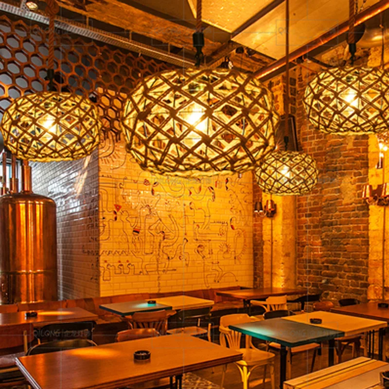 Candelabro de habitación nórdico de cáñamo, luz redonda con personalidad para Bar y cafetería, iluminación Retro creativa