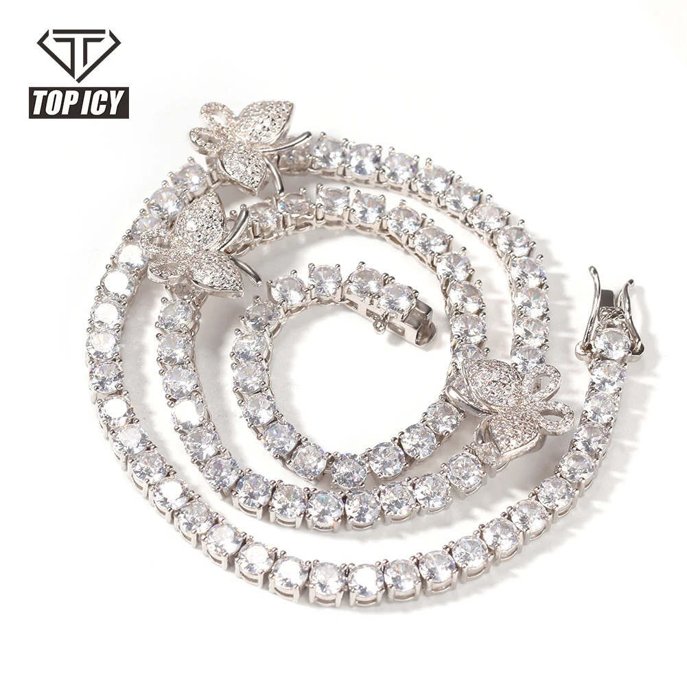 

В стиле «хип-хоп» CZ ожерелье в виде цепочки для тенниса с мини-бабочка очарование со стразами Чокеры Колье браслет комплект ювелирных издел...