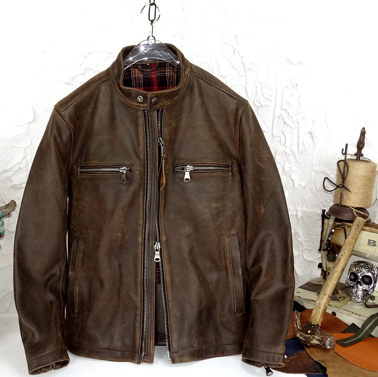 

American-Style Vintage Tea Core Old Leather Genuine Leather Clothes Men's Warm Cotton-Padded Retro Leather Jacket US szie