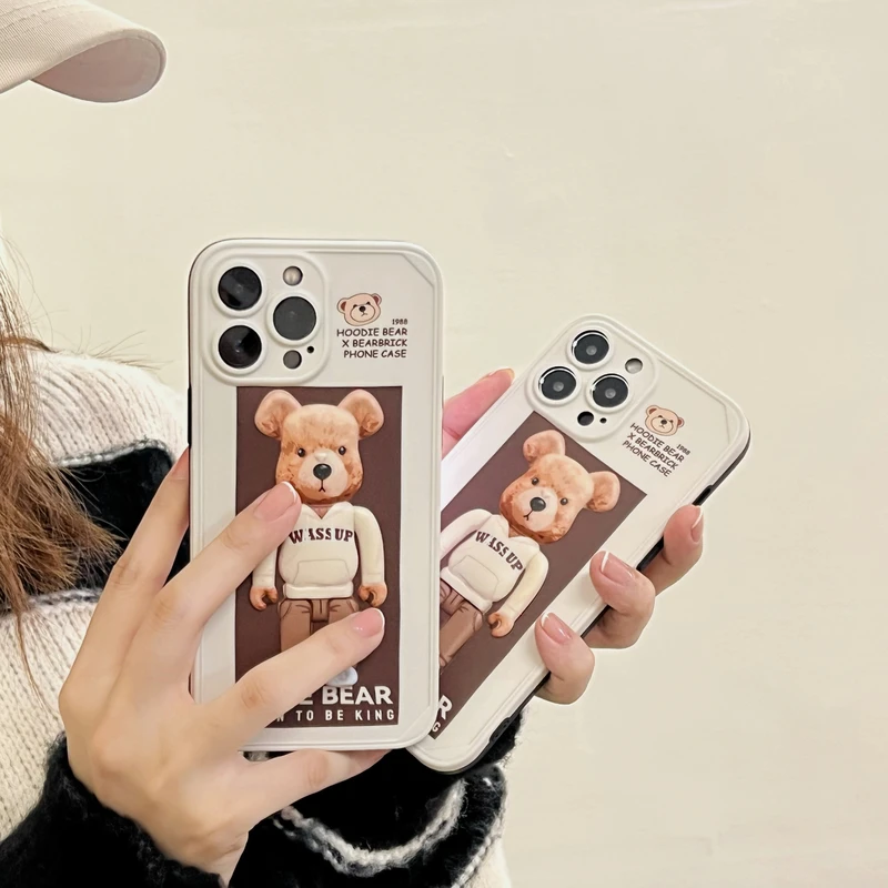 

3D Fashion Cute Brand Animal Teddy Bear Korea Phone Case For iPhone 11 12 13 Pro Max Xs X Xr 7 8 Plus Soft Shockproof Cover