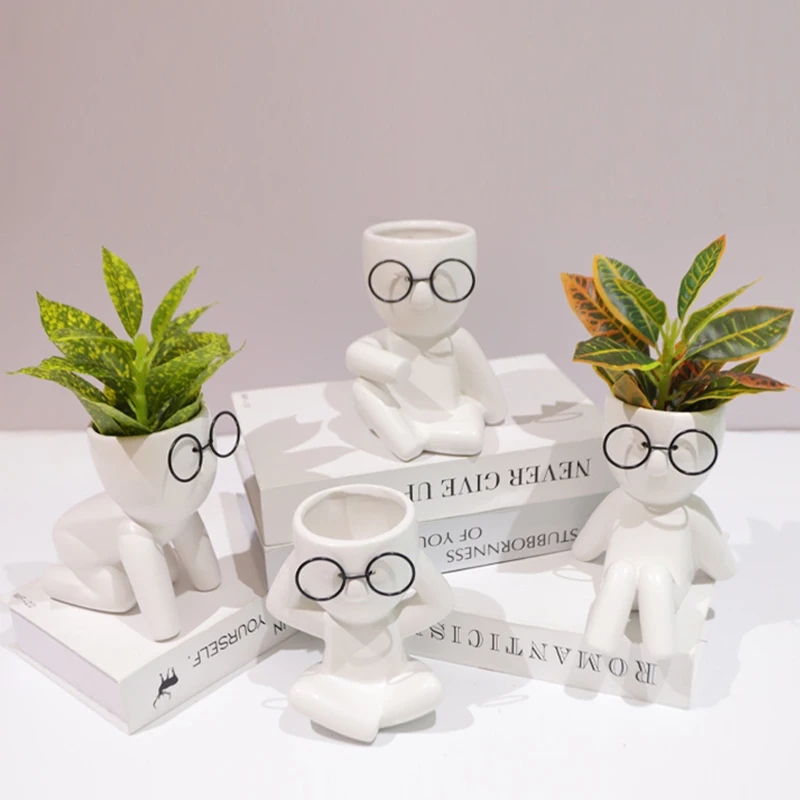 

Home Fairy Garden Decor Potted Personality Character With Glasses Succulent Flower Pot Ceramic Plants Potted Office Decorations