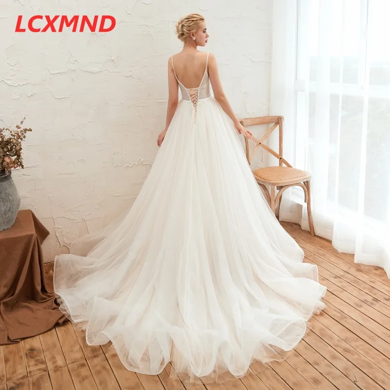 Spaghetti Straps Wedding Dresses 2019 Sweep Train Sexy Open Back Bridal Gowns Vestido De Noiva Illusion V Neck Gown | Свадьбы и