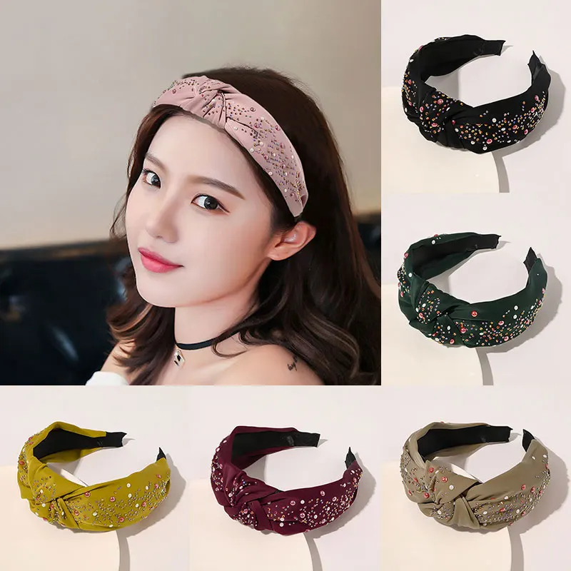 

Vintage Head Hoop Colorful Rhinestone Headband Wide Side Hair Hoop Cross Knot Solid Color Women Crystal Hair Accessories