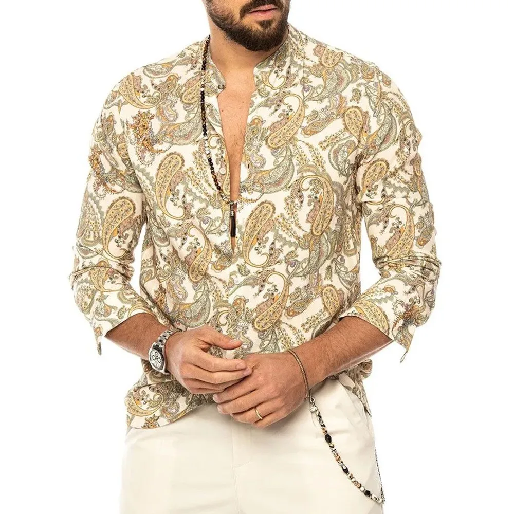 

Hawaiian Style Mens Casual Loose Printi Long Sleeve Solid Color Shirts Blouse Button Tops Plus Size Casual Outwears Popular New