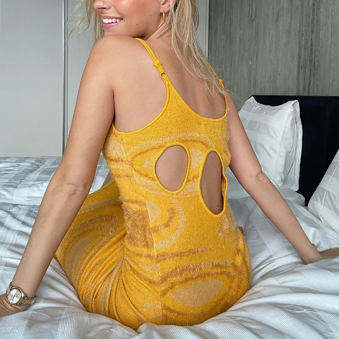 

Sexy Print Knit Bodycon Dress Women Green Y2K Party Dress Hollow Out Sleeveless Spaghetti Strap Beach Midi Dresses Summer