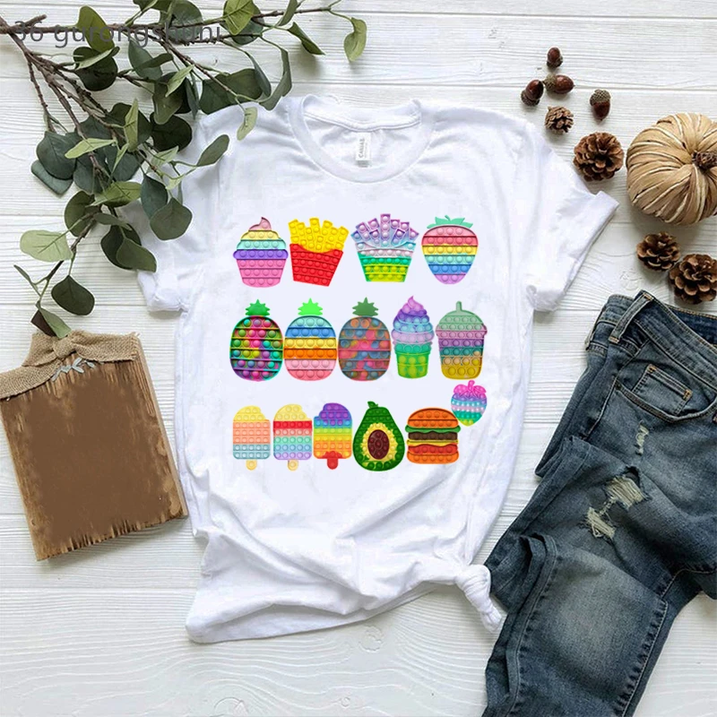 

Rainbow Pineapple Avocado Ice Cream Pop It Print T-Shirt Women Clothes 2022 Fidget Toys поп ит Tshirt Femme Summer Tops Shirt