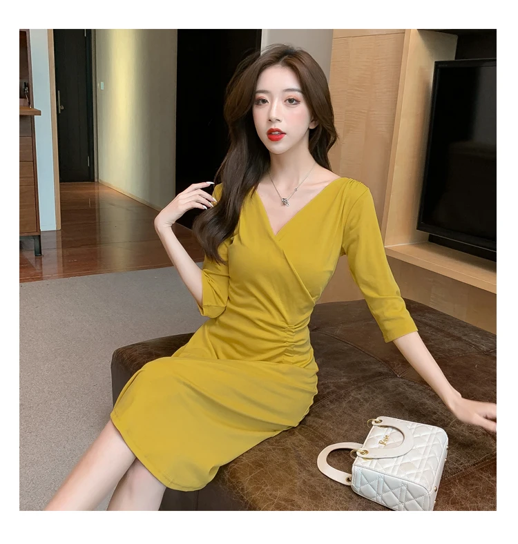 

Chiffon Loose Women's Dress Half Sleeve New Casual Fashion Mid-length Dresses Solid Color V-neck Summer A-LINE Houthion