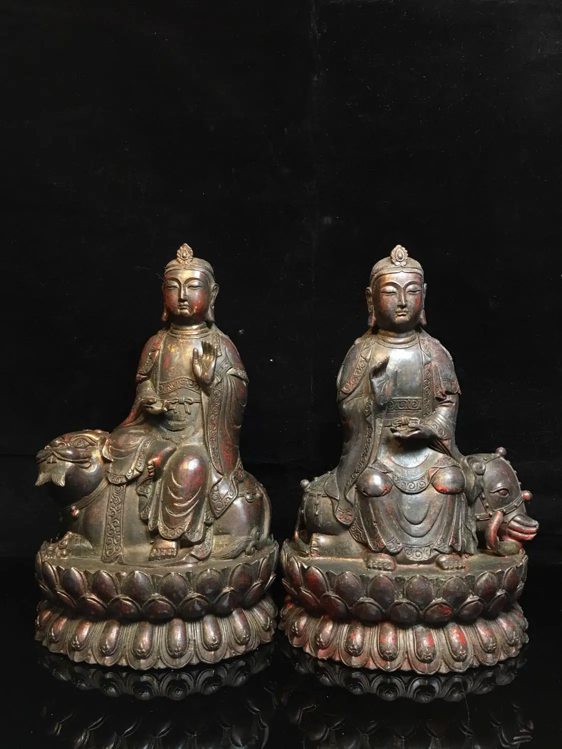 

11 "Тибетский буддистский храм старая бронза Cinnabars Manjusri Samantabhadra Guanyin Bodhisattva Avalokitesvara Amitabha статуя