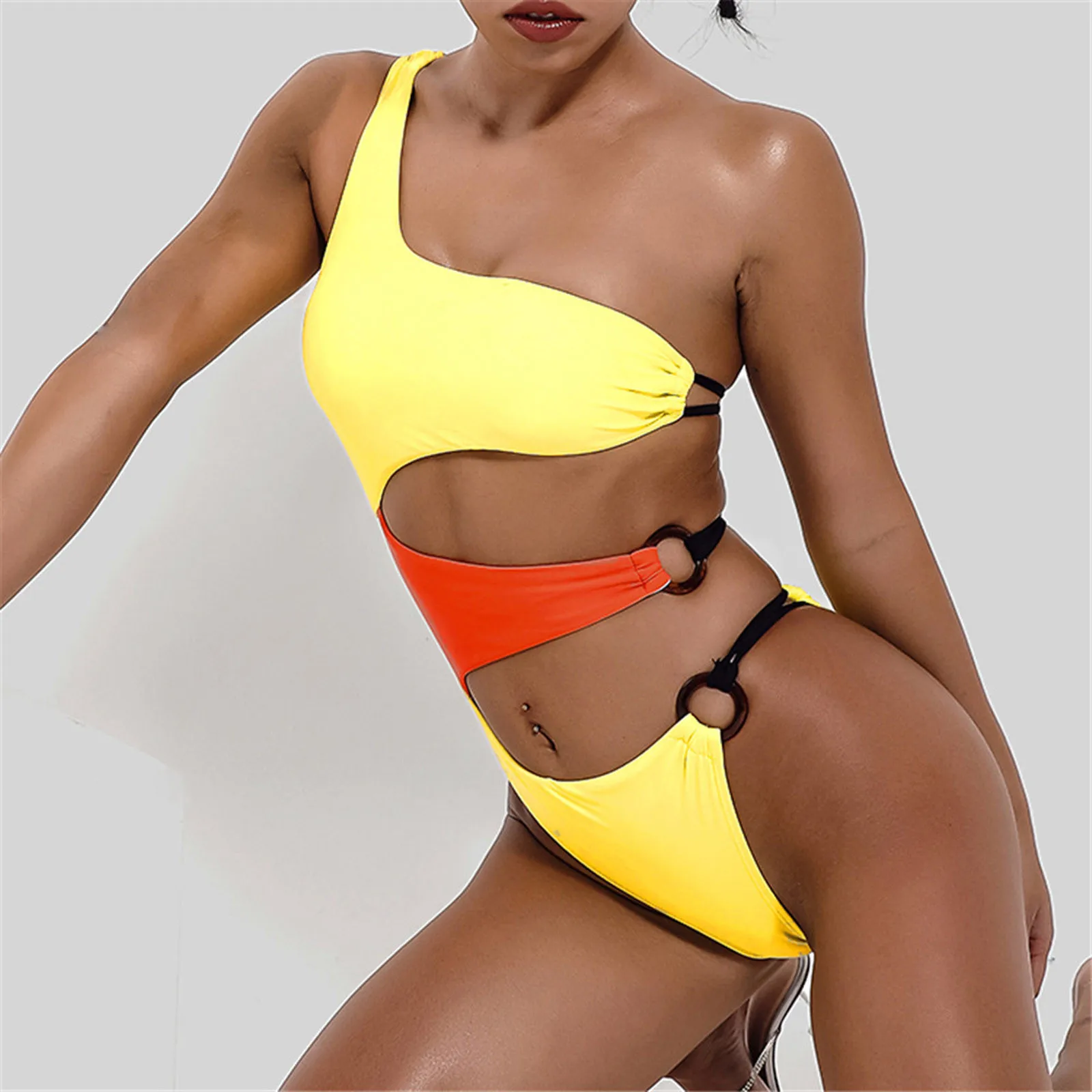 

2021 Summer Women Sexy One-Piece Swimwear Solid Contrast Hollow Swimsuit Bikini Swimming Femme Beachwear biquini brasileiro E2